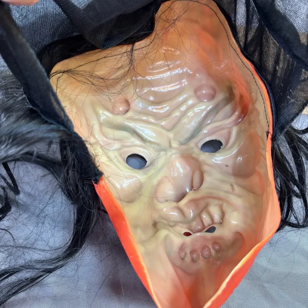 VTG 1970s Red Devil Demon Halloween Mask Stringy Black Hair Grotesque Rubber?